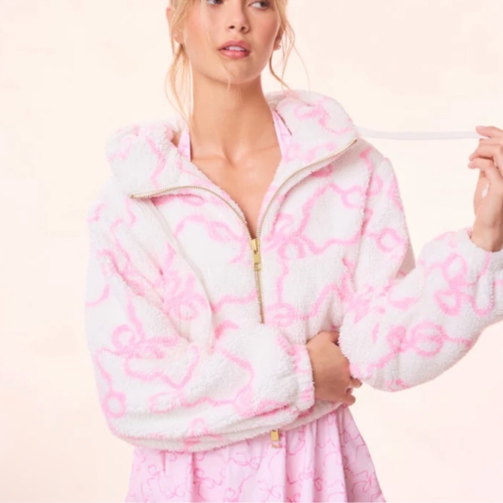NWT LOVESHACKFANCY Pink Darcelle Bow Print Teddy Bomber Hoodie Jacket Size M